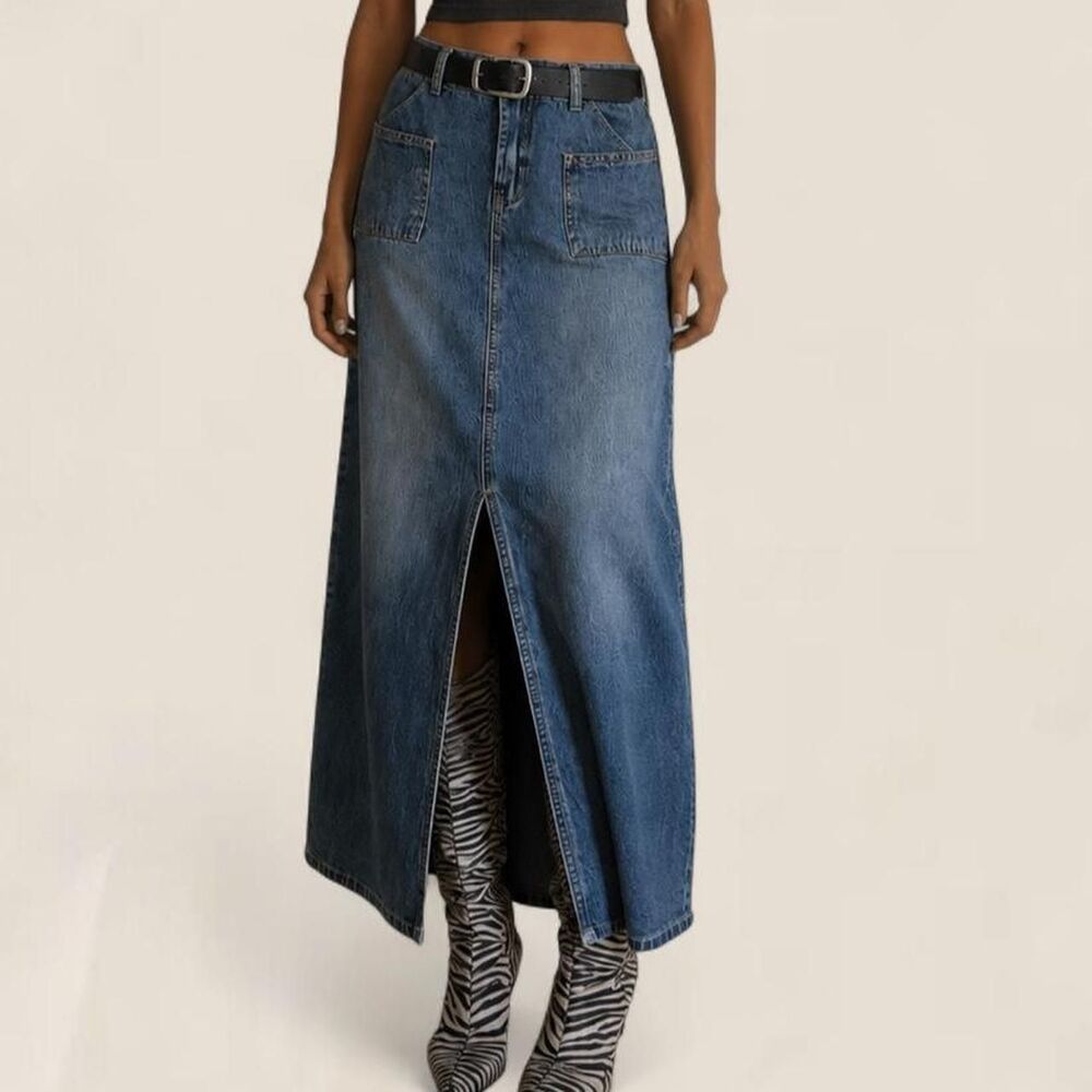 Vintage Quizz New York denim maxi skirt Y2K front slit size 7/8 M
